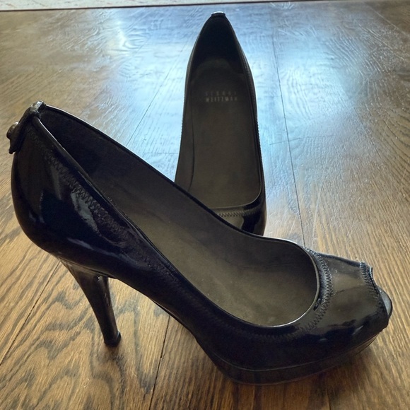 Stuart Weitzman Patent Leather Peep Toe Heels Women's Black Platform - Picture 1 of 4